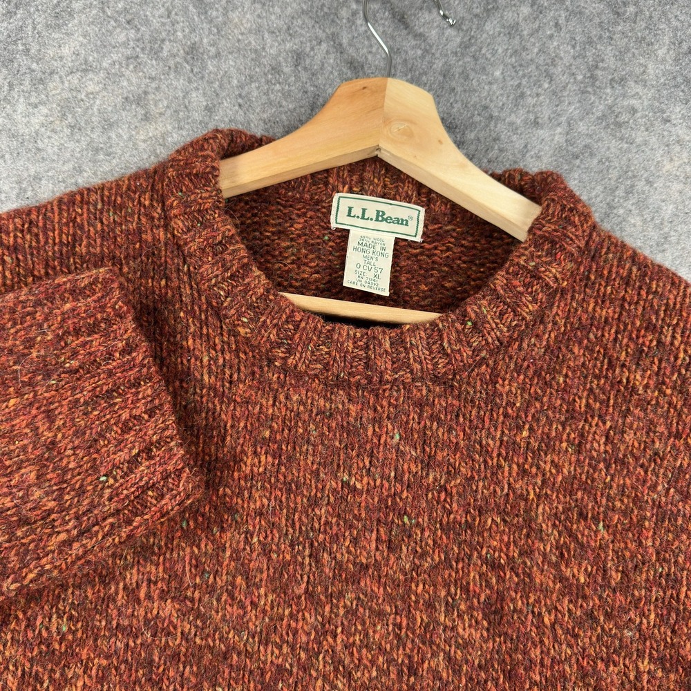 Vintage LL Bean Sweater Mens XLT Orange Wool Crewneck Chunky Knit Hong Kong